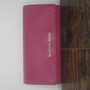 Michael Kors Burgundy Red Jet Set Flap-Over Leather Wallet